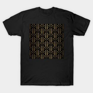 Black and Gold Vintage Art Deco Geometric Linear Repeat Pattern T-Shirt